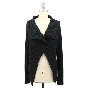 Calvin Tran Ribbed Lagenlook Asymmetrical Front Long Sleeve Cardigan Sweater